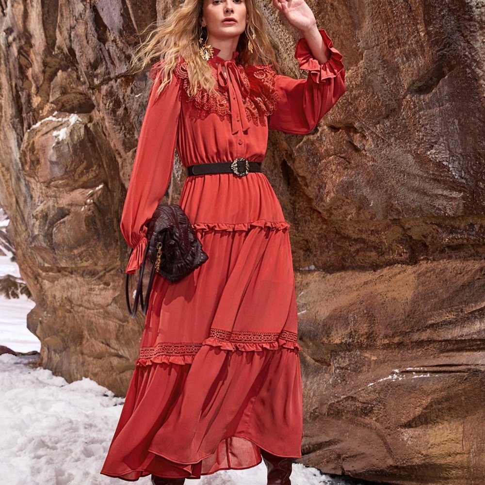 New Tie Neck Flounce Sleeve Frill Trim Dress Without Belt